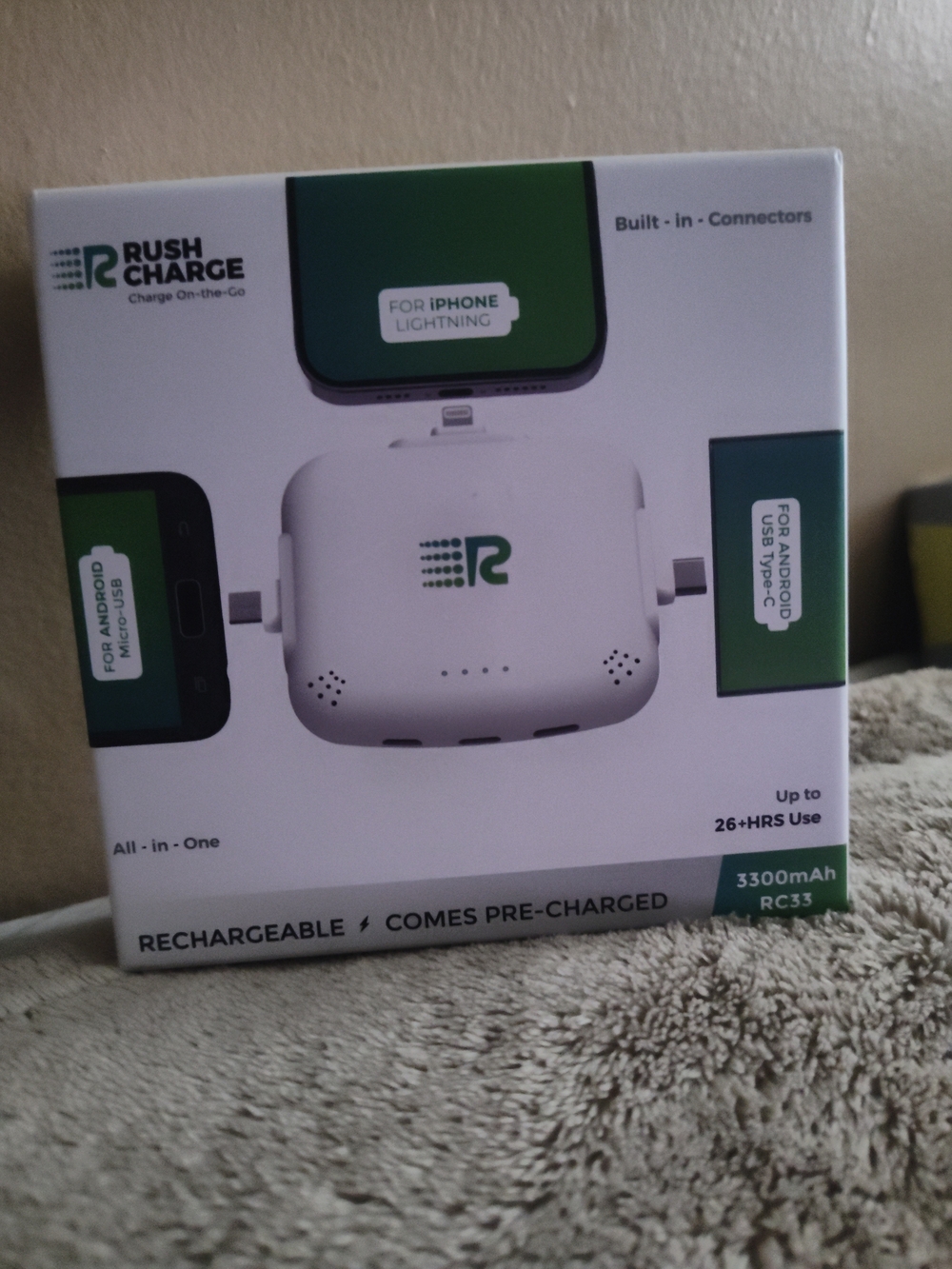Rush Charge Portable Charger Power Bank in White and Green